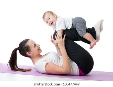 Mom With Baby Doing Gymnastics And Fitness Exercises