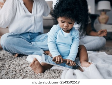 Mom, baby and tablet with siblings for bonding, development and streaming together with cartoon. Mother, toddler and little girl with online games in home for support, growth and family with video - Powered by Shutterstock