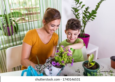 Mom And Boy Child Planting The Plants Together, Mom's Little Gardener Assistant, Taking Care Of Children And Flowers. Cute Boy Take Care Of Trees And Plants, Wet Child