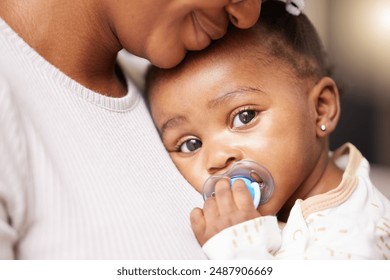 Mom, care and baby portrait with pacifier for love relationship, security and development in home. Mama, infant girl and dummy in mouth for relax with feeling tired, calm and sleep routine for growth