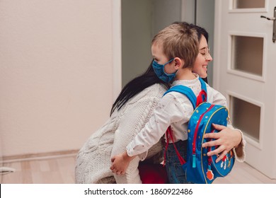 Mom And Child Getting Ready To School With Face Mask For Protection