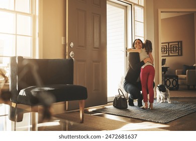 Mom, child and welcome hug in home for greeting with love, relationship care and dog for support. Mama, young girl and excited embrace by front door for hello with pet animal and smile for connection - Powered by Shutterstock