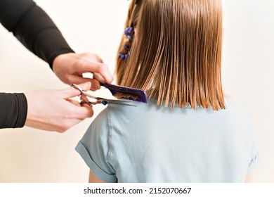 Mom Cuts Her Daughter's Wet Hair. Cutting Hair At Home. Life Hacks And Rules Of Hair Care. Special Combs And Scissors For Hairdressers.