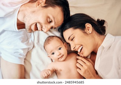 Mom, dad and baby in bedroom above for mothers day with love, house bonding with support or care. Happy family, people and together in home for wellness with smile, calm peace and relax in apartment - Powered by Shutterstock