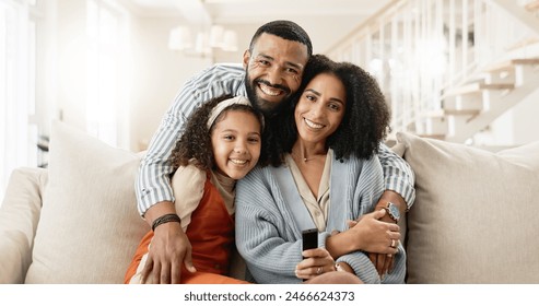 Mom, dad and girl on sofa for portrait with love or care, relax and family bonding for memories or connection. Parents, child and together for comfort or safety on weekend, hug and happiness with kid - Powered by Shutterstock