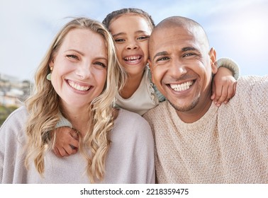 Mom, Dad And Girl In Portrait With Diversity, Smile And Multicultural Together In Sunshine Outdoor. Woman, Black Man And Girl On Vacation, Holiday Or Travel For Happy, Time And Family In Summer