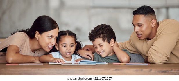 Mom, dad and kids with books for reading, learning and education in home together for bonding. Black family, children and book on desk for study, childhood development and spelling of words in house - Shutterstock ID 2216871237