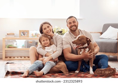 Mom, dad and portrait of kid with dog in living room for quality time, love and care together at home. Mother, father and happy family with child, pet pitbull and relax for happiness on carpet floor