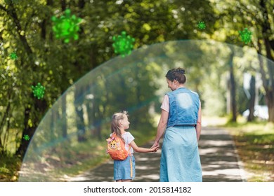 Mom and daughter go to school or walk in fresh air. Ahealthy family with strong immune system. happy parent with child protected from viruses, bacteria. Healthy lifestyle, good immunity, vaccination - Shutterstock ID 2015814182