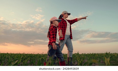 Mom daughter hold hands in field. Mother, child walk on field, sunset. Kid girl, mom go hand in hand, field corn sprouts. Family farming business. Agricultural industry. Growing corn, organic food - Powered by Shutterstock