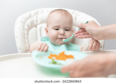 Mamá alimenta al bebé con una cuchara