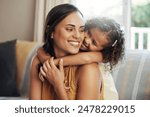 Mom, girl and hug with love on sofa for bonding with affection, safety and childhood security for support. Mother, child and relax with care in living room of home, together and nurture connection.