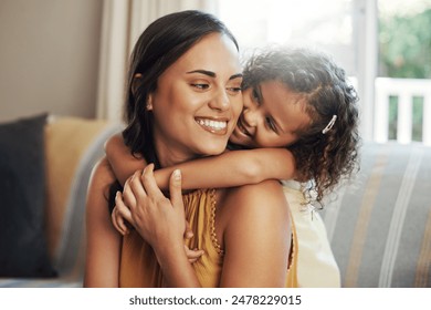 Mom, girl and hug with love on sofa for bonding with affection, safety and childhood security for support. Mother, child and relax with care in living room of home, together and nurture connection. - Powered by Shutterstock