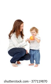 Mom Gives Child Grapefruit Full Body Isolated White Background