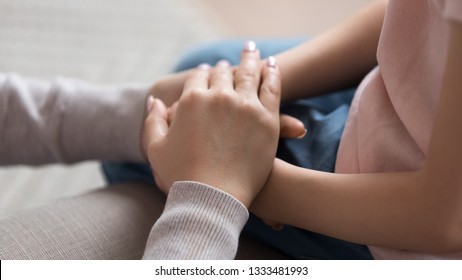 Mom Giving Support Trust To Little Daughter Holding Hands Help Child Keep Safe, Adult Parent Mother And Kid Love, Children Charity Adoption Protection, Foster Care, Family Kindness, Close Up View