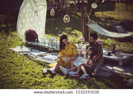 Similar – Image, Stock Photo Woman eating piece of cake in summer party