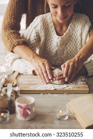 Mom With Her 9 Years Old Daughter Are Cooking Holiday Pie In The Kitchen, Lifestyle Photo Series, Hands Closeup.