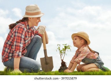 Mom And Her Child Girl Plant Sapling Tree. Spring Concept, Nature And Care.