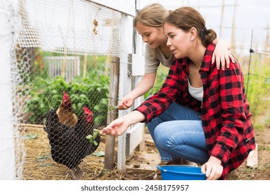 Mom and her daughter feed chickens in chicken coop in the backyard of country house - Powered by Shutterstock