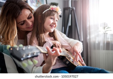 Mom Her Daughter Playing Electric Guitar Stock Photo 1050197027 