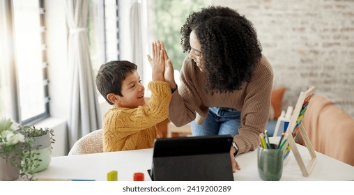 Mom, high five or child with tablet for elearning education, development growth or homework success. Family, happy mother or school kid with motivation, support or teaching for an online project - Powered by Shutterstock