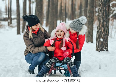 Mom And His Children Play In The Winter In The Woods With Sleds