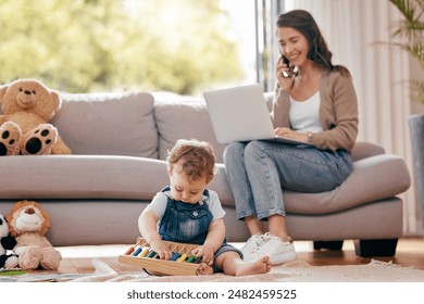 Mom, laptop and phone call with playing baby, remote work and development for motor skills in home. Mother, child and computer for freelance copywriting, mobile hello and abacus for math education - Powered by Shutterstock