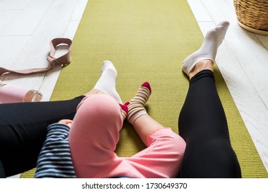 Mom And Little Daughter Spend Time Together For Yoga In Quarantine At Home. National Yoga Day. Healthy Living In Lockdown.