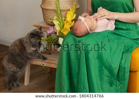 mom and newbornbaby at home. Pet at home. Green dress colour