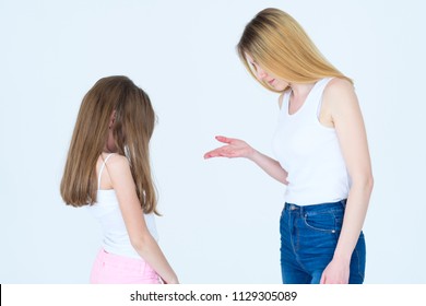 Mom Scolding Little Daughter. Mother Nagging Or Telling Off Her Kid. Family Relationship Parenting And Child Raising.