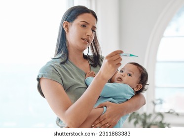 Mom, sick baby and thermometer for medical risk, assessment results and flu infection at home. Mother testing temperature of infant kid, child and check for fever, virus and worried about health - Powered by Shutterstock