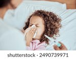 Mom, sick girl and blowing nose in home, virus and monitor temperature for allergies. Mother, daughter and childcare for cold or flu in bedroom, thermometer and tissue for hayfever or sinus bacteria