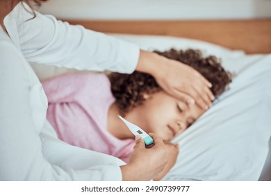 Mom, sick girl and tool for fever in home, virus and monitor temperature for covid infection. Mother, daughter and childcare for cold or flu in bedroom, thermometer and symptoms of sinus bacteria - Powered by Shutterstock