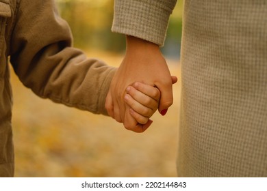 Mom And Son Hold Hands. Happy Family And Support. Family Day. Parenthood Concept.