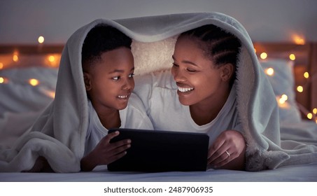 Mom, son and home with tablet at night for streaming, together with led light for web game. Black parent, boy child and ebook with internet in bedroom for video, online app for learning with digital - Powered by Shutterstock