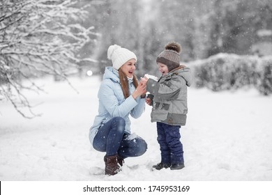 Mom And Son Are Making A Snowball And Laughing On The Background Of Snowy Trees, Snow Flakes Are Flying.
Lmage With Selective Focus