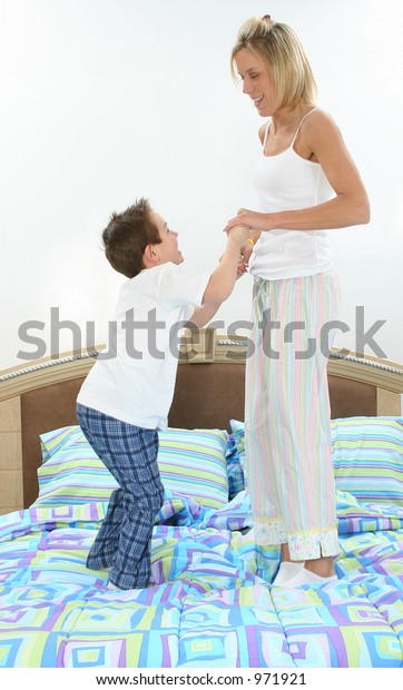 Mom Son Pajamas Playing Bed Stock Photo (Edit Now) 971921