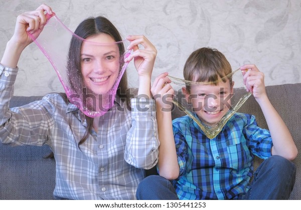 Mom Son Playing Slime Sitting On Stock Photo Edit Now 1305441253