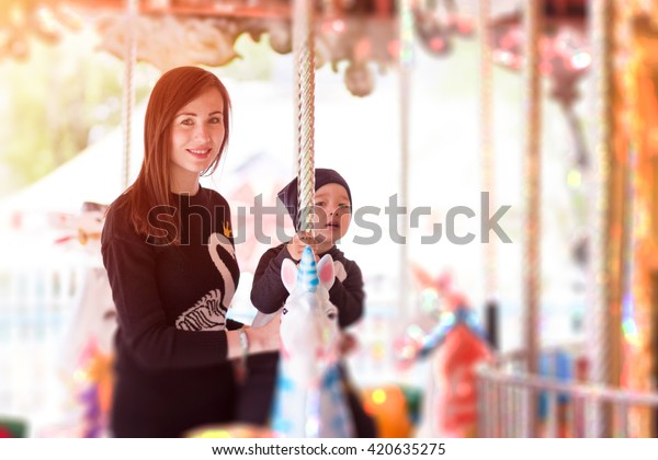 Mom Son Ride On Carousel Park Stock Photo Edit Now 420635275