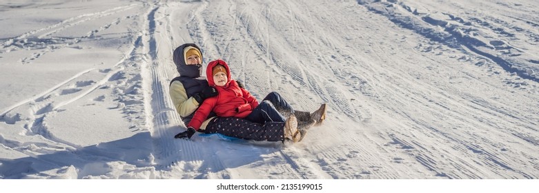 Mom And Son Sledding On The Mountain BANNER, LONG FORMAT