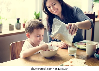 Mom Son Spend Time Holiday Eating Breakfast