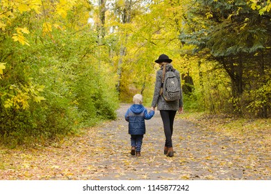 Mom And Son Are Walking In The Autumn Forest. Back View