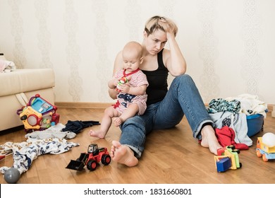 Mom Tired To Tidy Up The House. Child Scattered Toys. Children's Room. Mess In The House