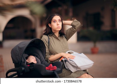 Mom Traveling  With Newborn In Baby Seat Worried About Weather. Stressed Mother Feeling Worried About Storm And Thunders
