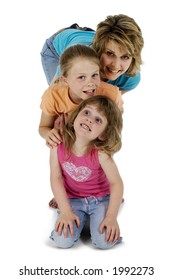 Mom And Two Daughters Being Silly Together. Full Body Over White, Clipping Path.