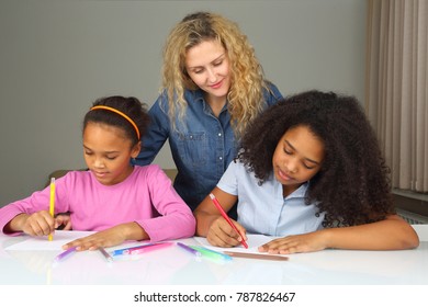 Mom Watches Her Daughter Drawing Crayons Stock Photo 78
