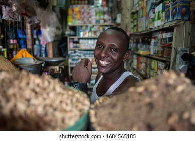 Mombasa / Kenya - December 5, 2019: African Seller Inside His Small Shop In Mombasa, Kenya