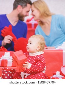 Moments Of Joy. Valentines Day. Red Boxes. Shopping. Boxing Day. Love And Trust In Family. Bearded Man And Woman With Little Girl. Father, Mother And Doughter Child. Happy Family With Present Box.