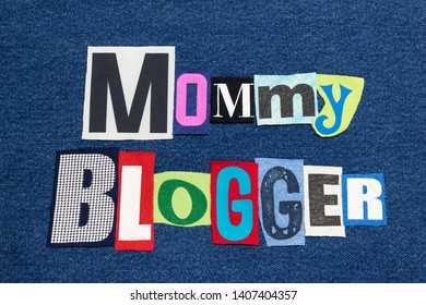 MOMMY BLOGGER Text Word Collage Colorful Fabric On Blue Denim, Parenting Blogs And Blogging, Horizontal Aspect