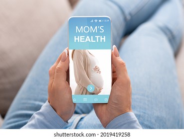 Mom's Health. Closeup Pov Of Young Expectant Woman Holding Phone With Mobile Application For Future Mothers On Screen. Lady Using Smartphone Watching Tips For Healthy Pregnancy